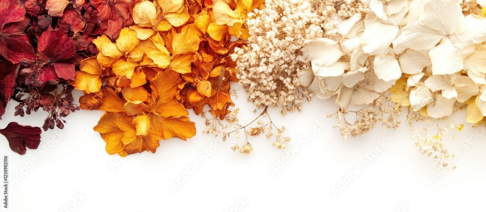 Poster Dried flowers in vibrant colors arranged on white background with copy space for text and design elements