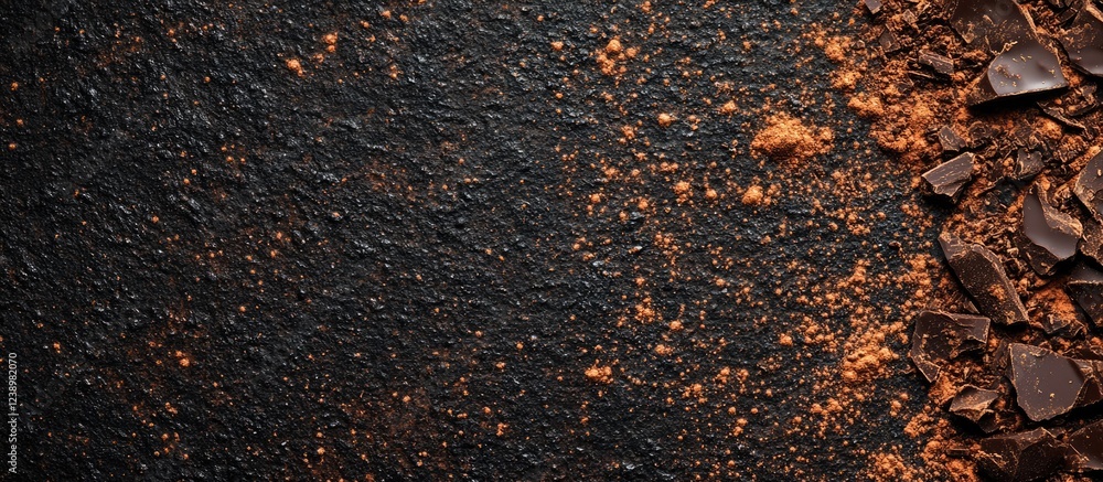 Poster Dark chocolate shavings and cocoa powder on textured black background with copy space for text