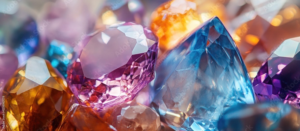 Poster colorful assortment of cut gemstones and crystals in various shapes and sizes with light reflections