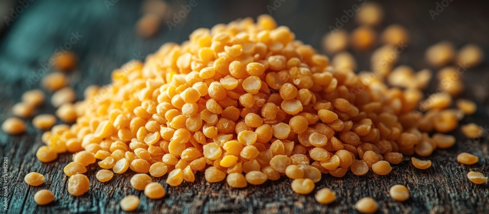 Aufkleber close-up of a pile of yellow seeds on a rustic wooden surface with scattered seeds in the background