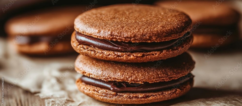 Aufkleber chocolate filled macarons stacked on rustic wooden background with blurred cookies in the background