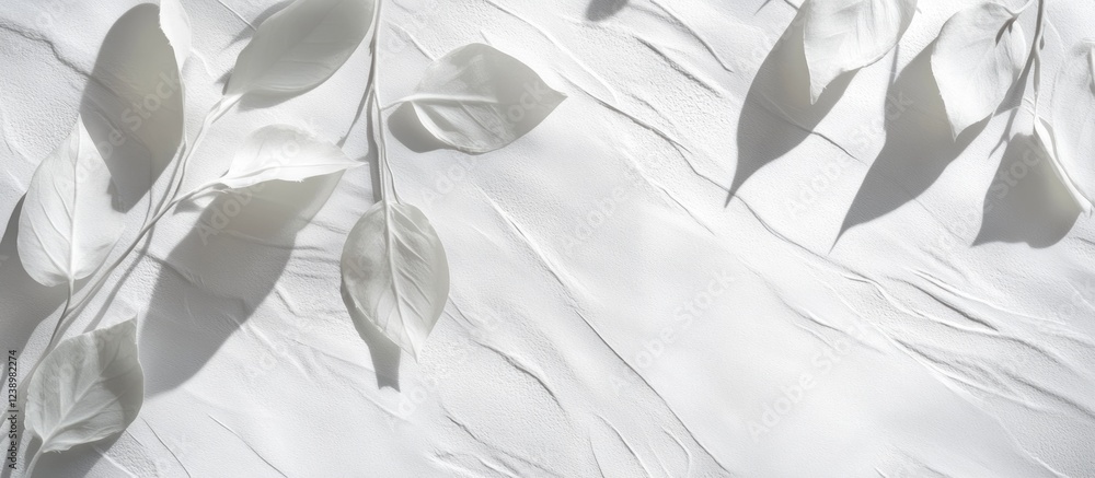 Poster white textured background with leaves casting shadows for nature-themed designs copy space