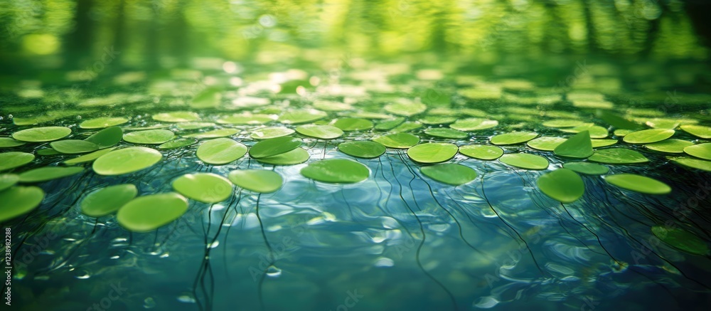 Poster lush green lily pads floating on tranquil water surface with gentle reflections and natural light co