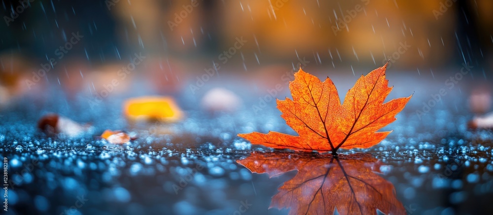 Poster Autumn leaf resting on wet surface with rain falling and reflections in puddle background in soft focus Copy Space