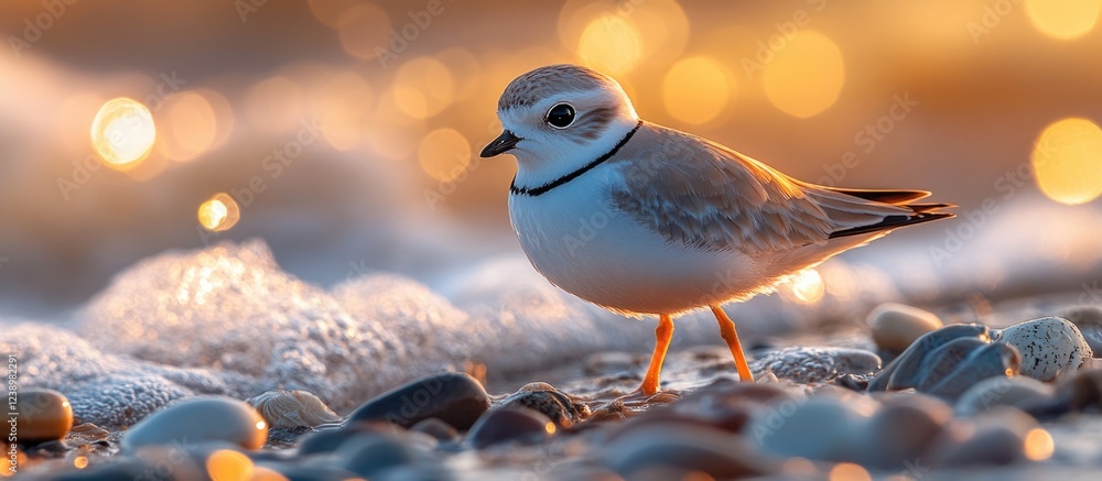 Poster Little plover bird standing on pebbles by the shore with soft waves and bokeh background at sunset Copy Space