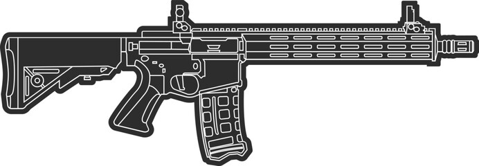 Silhouette with cutout contours of an AR 15 assault rifle in black with a thick outline.