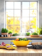 Fresh Steaming Vegetable Soup in Yellow Bowl - Healthy eating, vibrant colors, homemade goodness, warmth, kitchen freshness.
