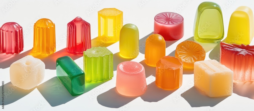 Poster colorful assorted gummy candies on white background with shadows and copy space