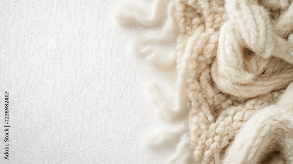 Aufkleber fluffy cream knitted blanket with fringes on a light background with copy space for text placement