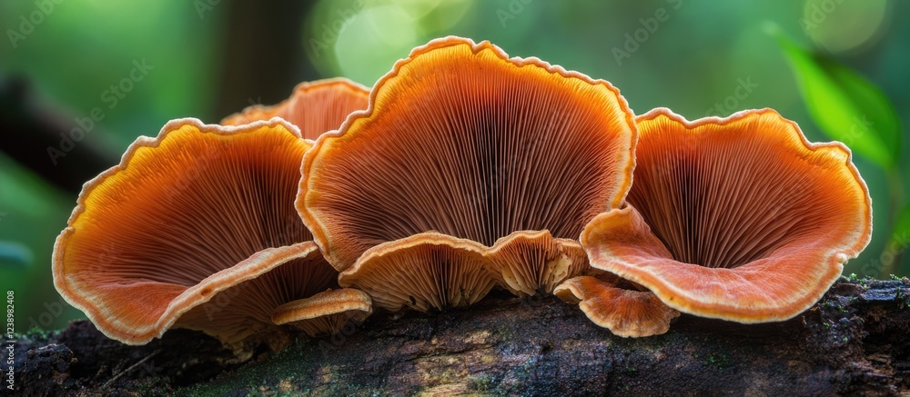 Poster three orange mushrooms growing on a log with detailed gills in a blurred green forest background ide