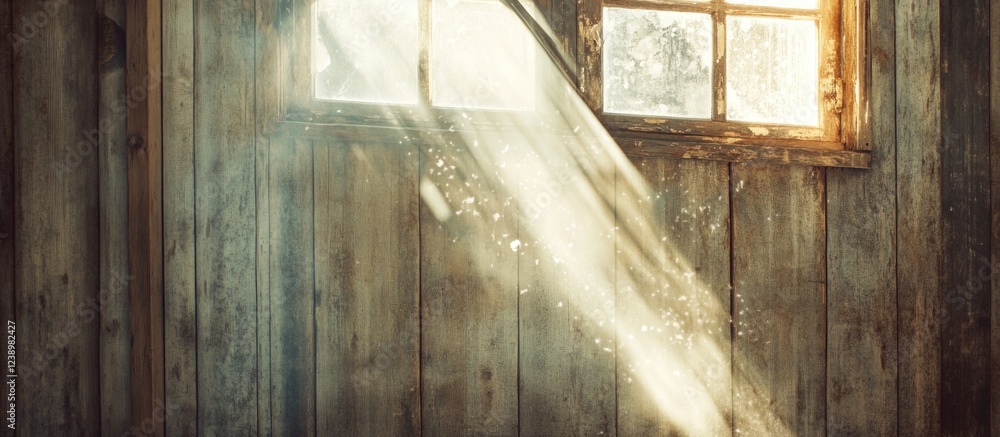 Poster sunlight streaming through a dusty window in a rustic wooden room with weathered walls and a serene 