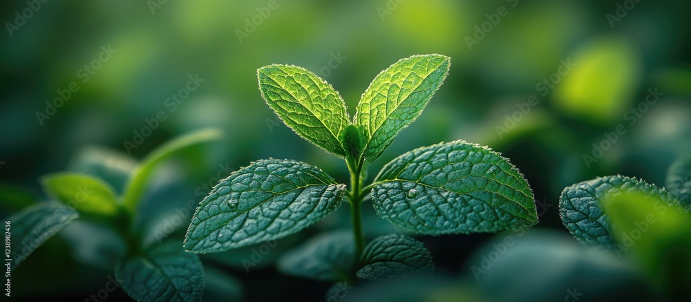 Poster close-up of fresh green mint leaves with water droplets on a blurred green background ideal for bota
