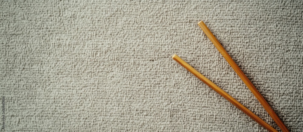 Poster wooden chopsticks resting on a textured fabric background with plenty of copy space for text inserti