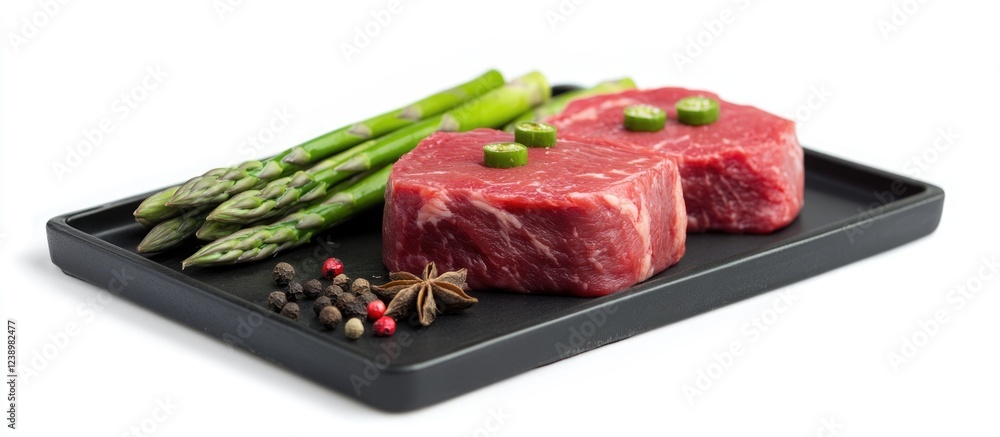 Poster raw beef steaks garnished with green onions served on a black plate with asparagus and mixed pepperc