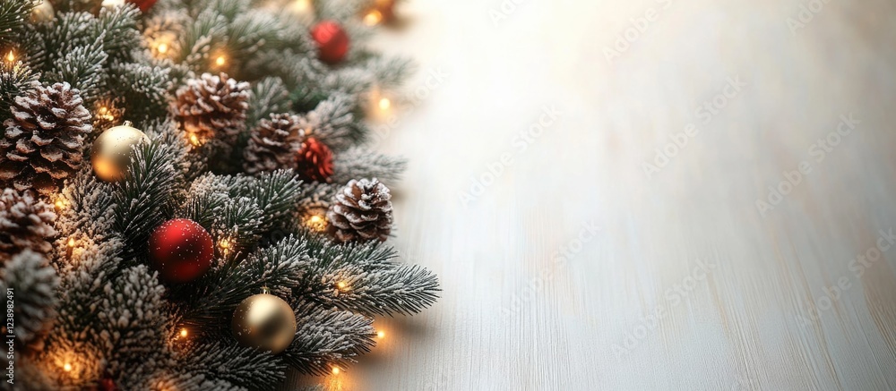 Aufkleber christmas arrangement with pine branches pine cones and ornaments on wooden background with soft lig