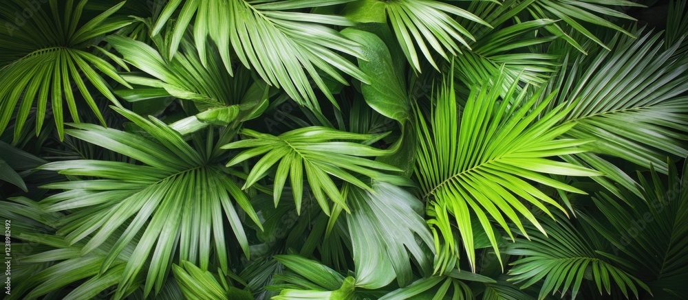 Poster Tropical green palm leaves texture background with various shades of green and natural patterns suitable for design use
