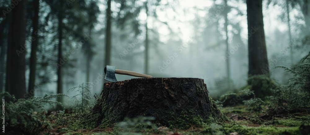 Poster axe resting on a tree stump in a misty forest with surrounding greenery and tall trees in the backgr