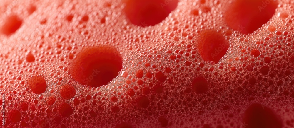 Poster close-up of red textured surface with numerous bubbles and holes showing fine details of foam struct