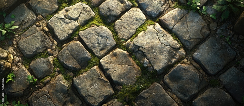 Aufkleber Moss covered cobblestone pathway with greenery and sunlight texture background with Copy Space for design elements
