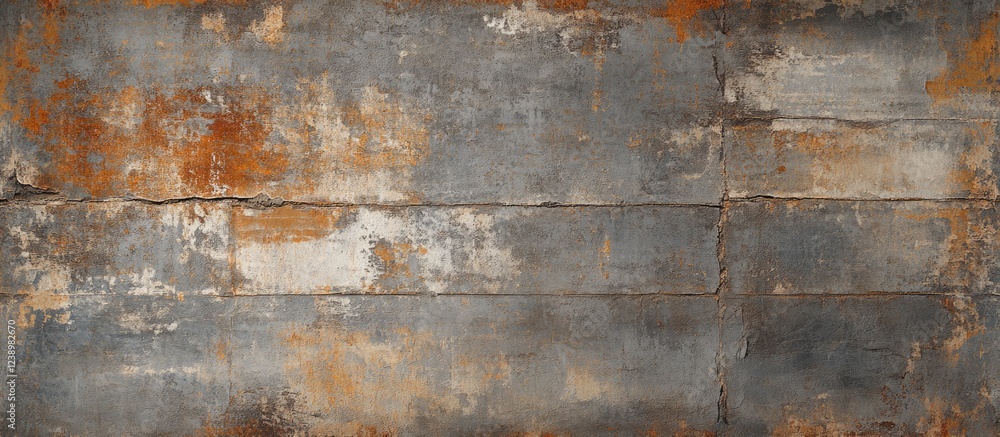 Aufkleber Abstract textured wall surface with rusty and weathered finish featuring shades of gray and orange with horizontal lines and cracks Copy Space