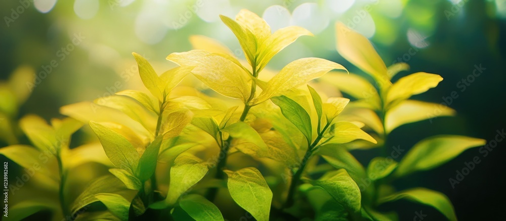Aufkleber Close-up of fresh green and yellow leaves with soft light background and blurred bokeh effect Copy Space