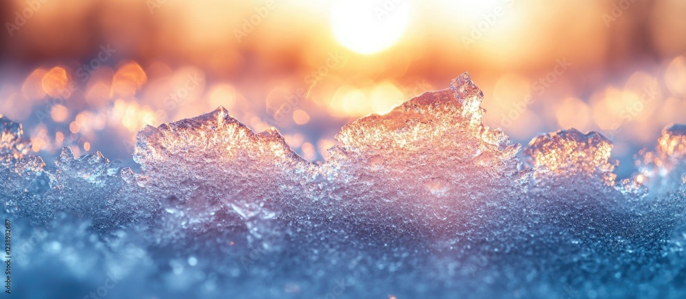 Poster Close-up of ice formations with warm sunlight in the background creating a colorful winter scene, Copy Space