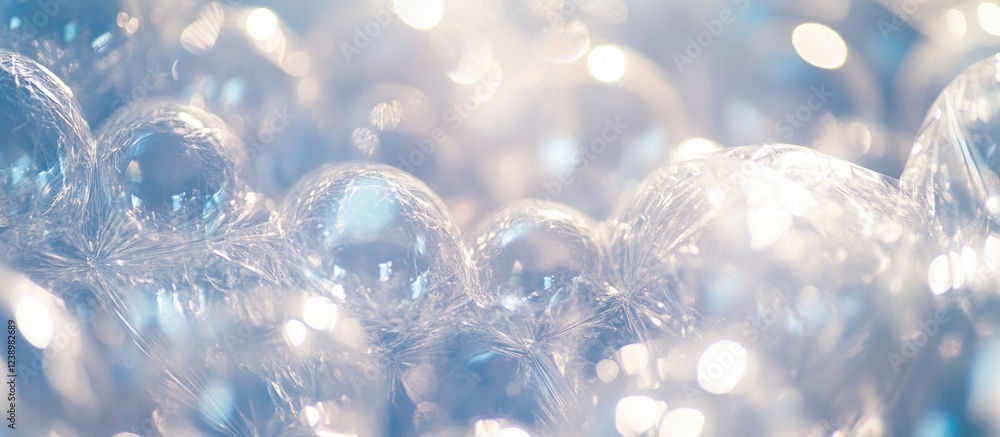 Fototapete Abstract close-up of translucent soap bubbles with soft lighting and blurred background creating a dreamy effect and highlighting textures. Copy Space