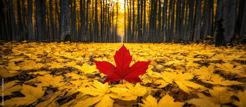 Poster vibrant red maple leaf on a ground covered with yellow leaves in a forest setting with trees in the 