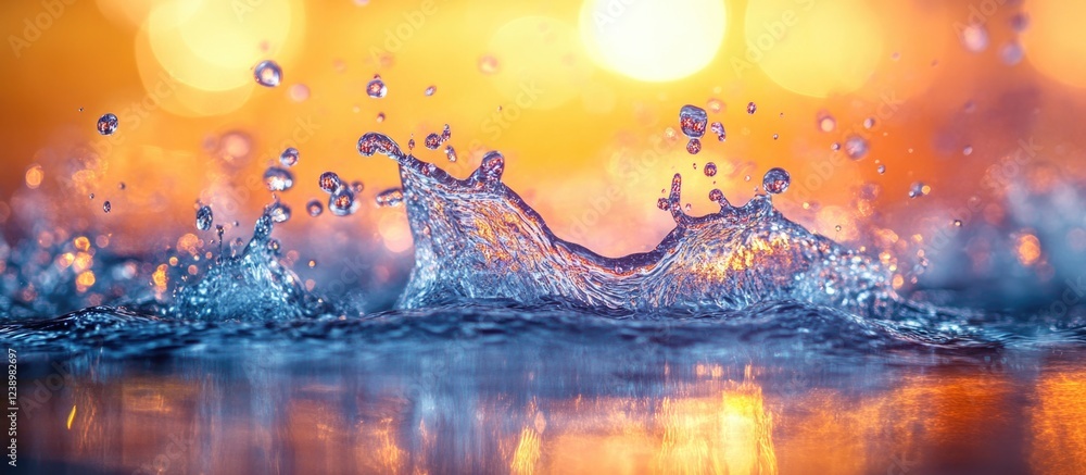 Poster Close-up of water splashes with colorful bokeh background and warm light effects on water surface Copy Space