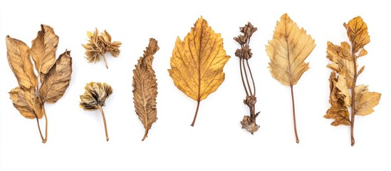 Dried autumn leaves and flowers arranged in a row on a white background with Copy Space for text insertion