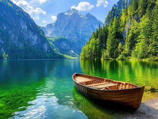 Obraz premium Breathtaking Scenic View of a Serene Lake with an Empty Boat Docked Against a Backdrop of Majestic Mountains