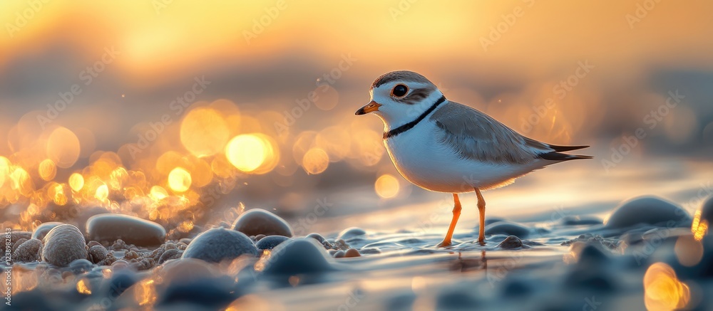 Poster bird standing on wet pebbles by the shore during sunset with golden bokeh background copy space