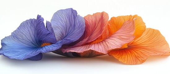 Fototapeta premium Vibrant colorful flower petals in blue purple pink and orange tones on a white background with Copy Space