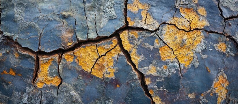Cracked and weathered surface with blue and orange textures showing age and deterioration ideal for backgrounds and patterns Copy Space