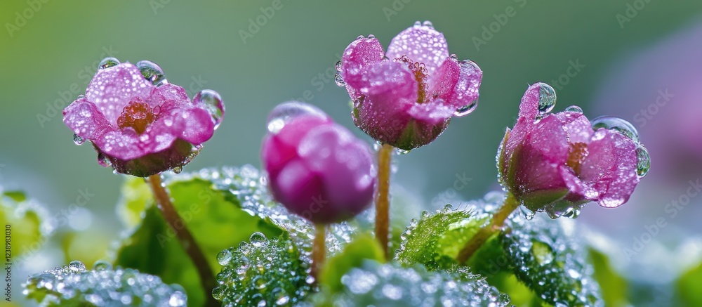 Poster close-up of pink flowers with droplets of water on petals and leaves in a natural garden setting wit