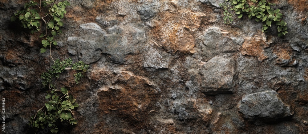 Aufkleber textured stone wall with green foliage and natural stone formations providing rustic appearance and 