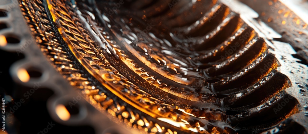 Aufkleber Close-up of a detailed metallic surface with intricate patterns and dark liquid reflecting light creating an abstract design. Copy Space