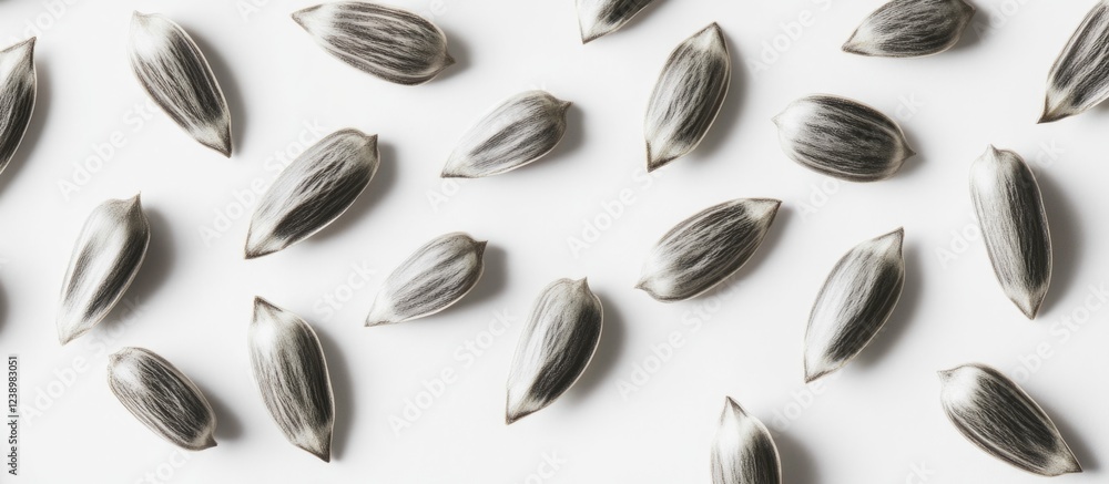 Poster sunflower seeds scattered on a white background with a focus on texture and detail copy space
