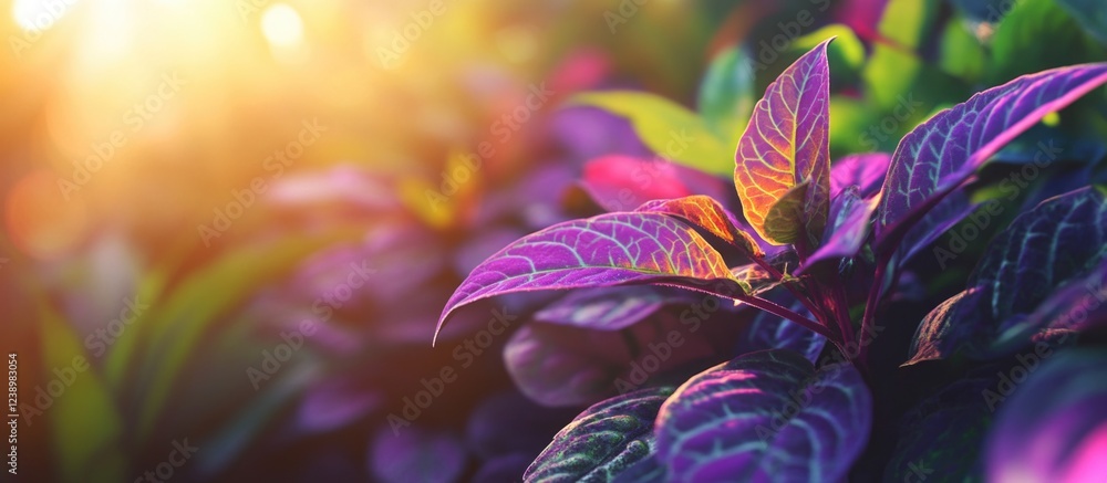 Poster vibrant close-up of colorful leaves with sunlight highlighting their unique texture and patterns sui