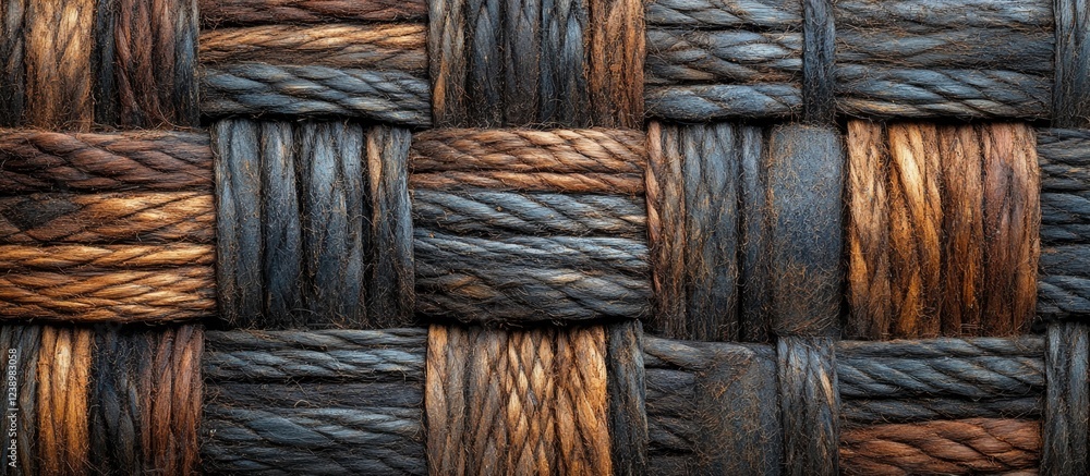 Poster textured woven fabric background with brown and blue fibers in a grid pattern featuring natural orga