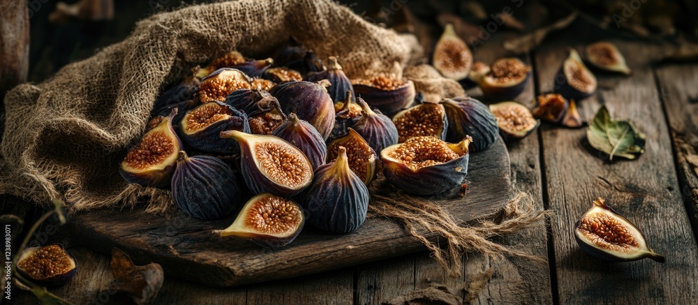 Poster fresh figs on rustic wooden table with burlap and scattered dried leaves. copy space