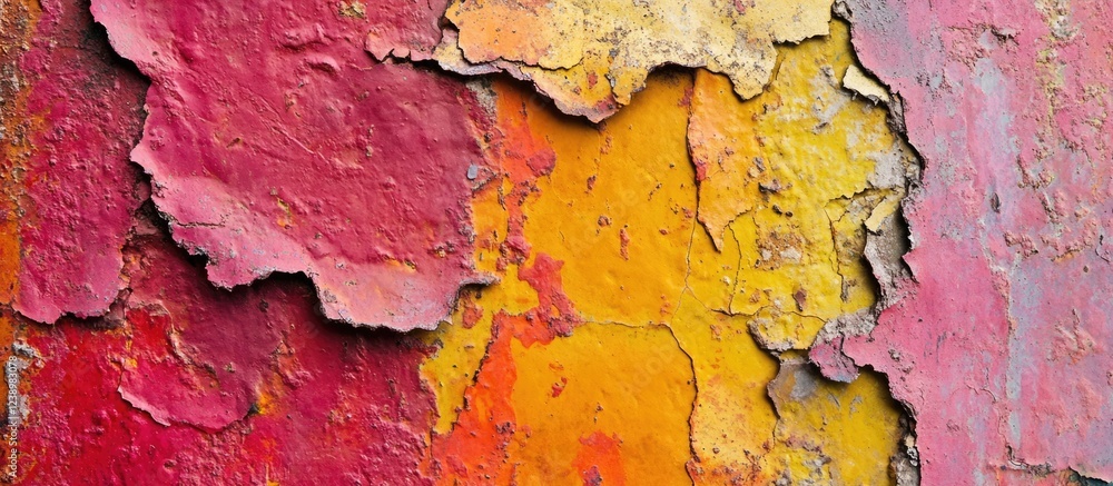 Poster Textured wall featuring peeling red and orange paint with abstract patterns suitable for backgrounds and artistic designs Copy Space