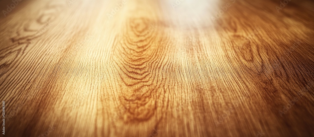Poster close-up view of polished wooden table surface with visible grain patterns and warm lighting conditi