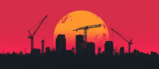 Fototapeta premium Urban Construction at Sunset: A Silhouette Cityscape
