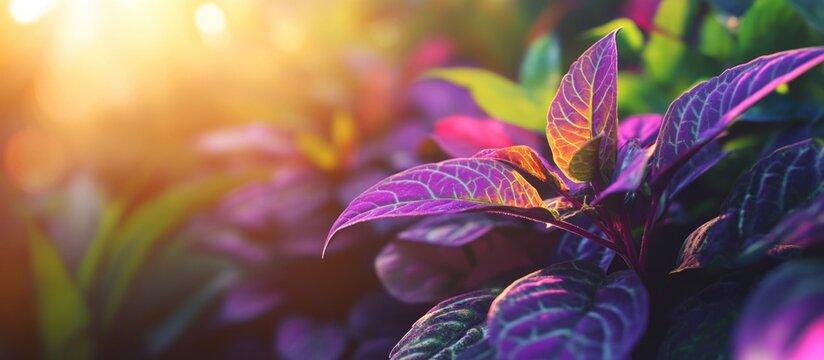 Fototapeta Vibrant close-up of colorful leaves with sunlight highlighting their unique texture and patterns suitable for nature or botanical themes Copy Space