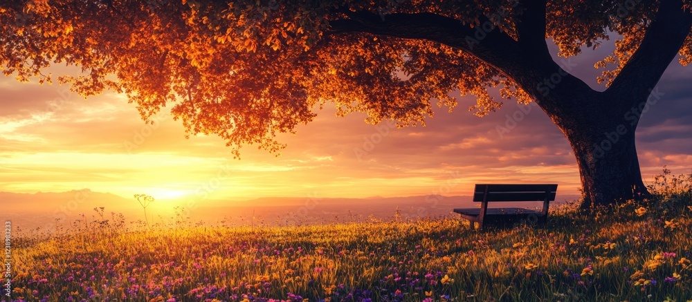 Aufkleber sunset landscape with a large tree and a wooden bench in a flower-filled meadow with dramatic clouds