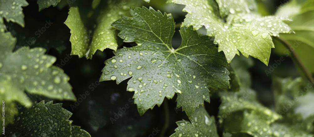 Aufkleber Close-up of fresh green grape leaves covered in dew drops with a blurred background and ample Copy Space for text.