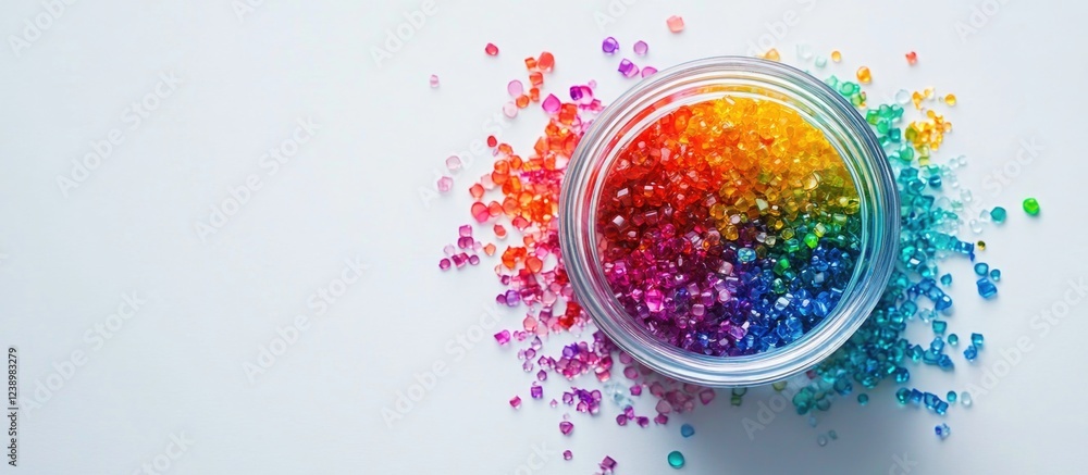 Poster colorful crystal beads in a round glass jar with gradient arrangement on a white background and scat