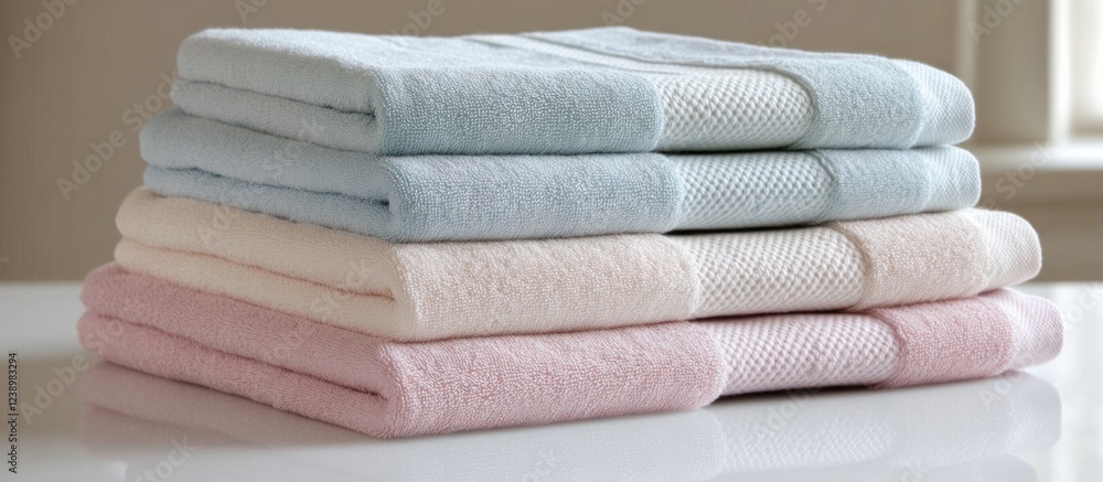 Poster soft pastel colored towels stacked neatly on a white surface with natural light creating a warm ambi