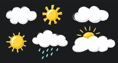 Vector Crayon Chalk Sun Cloud Rain Illustration, Weather Sketch Drawing Style Elements.
